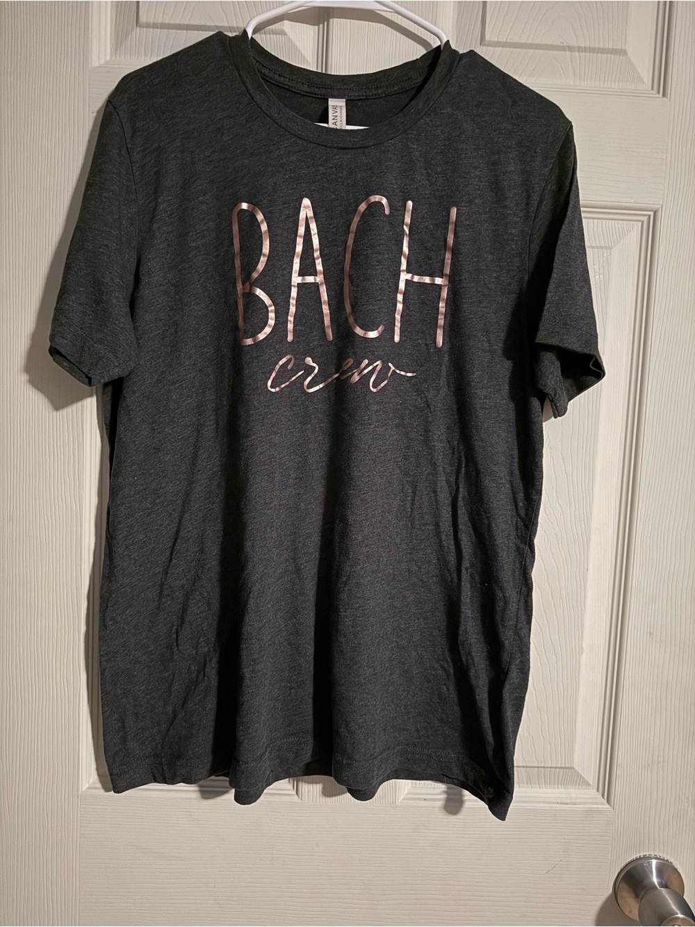 Graphic 'Bach Crew' Tee in Dark Charcoal with Metallic Rose Text
